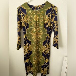 J. McLaughlin Sophia Catalina Cloth Crew Neck Dress 3/4 Olive Navy Tassel SZ S